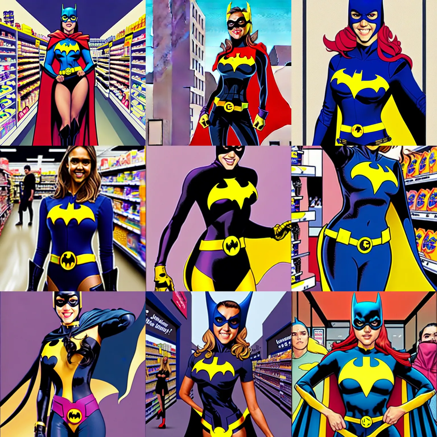 Prompt: jessica alba as batgirl standing in line at a crowded grocery store, artgerm, rutkowski,