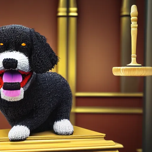 Image similar to a closeup photorealistic illustration of a smiling knitted bernedoodle judge dog dressed in a black gown, presiding over the courthouse. scales of justice and a gavel in the scene. this 4 k hd image is trending on artstation, featured on behance, well - rendered, extra crisp, features intricate detail, epic composition and the style of unreal engine.