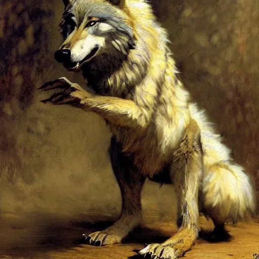Image similar to a portrait of a furry wolf wearing clothes, hairy, furry body, furry arms, feet, tail. highly detailed painting by gaston bussiere, craig mullins, j. c. leyendecker, furry