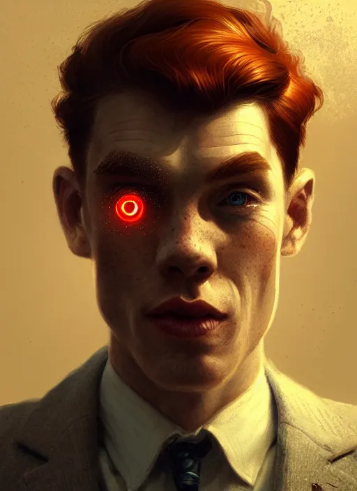 Prompt: portrait of archie andrews, freckles, curly peaky blinders hair, intricate, elegant, glowing lights, highly detailed, digital painting, artstation, concept art, smooth, sharp focus, illustration, art by wlop, mars ravelo and greg rutkowski