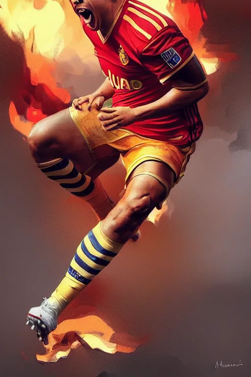 Image similar to ronaldo luis nazario da lima, screaming in the background of fire, football player, highly detailed, digital painting, artstation, concept art, smooth, sharp focus, illustration, art by artgerm and greg rutkowski and alphonse mucha
