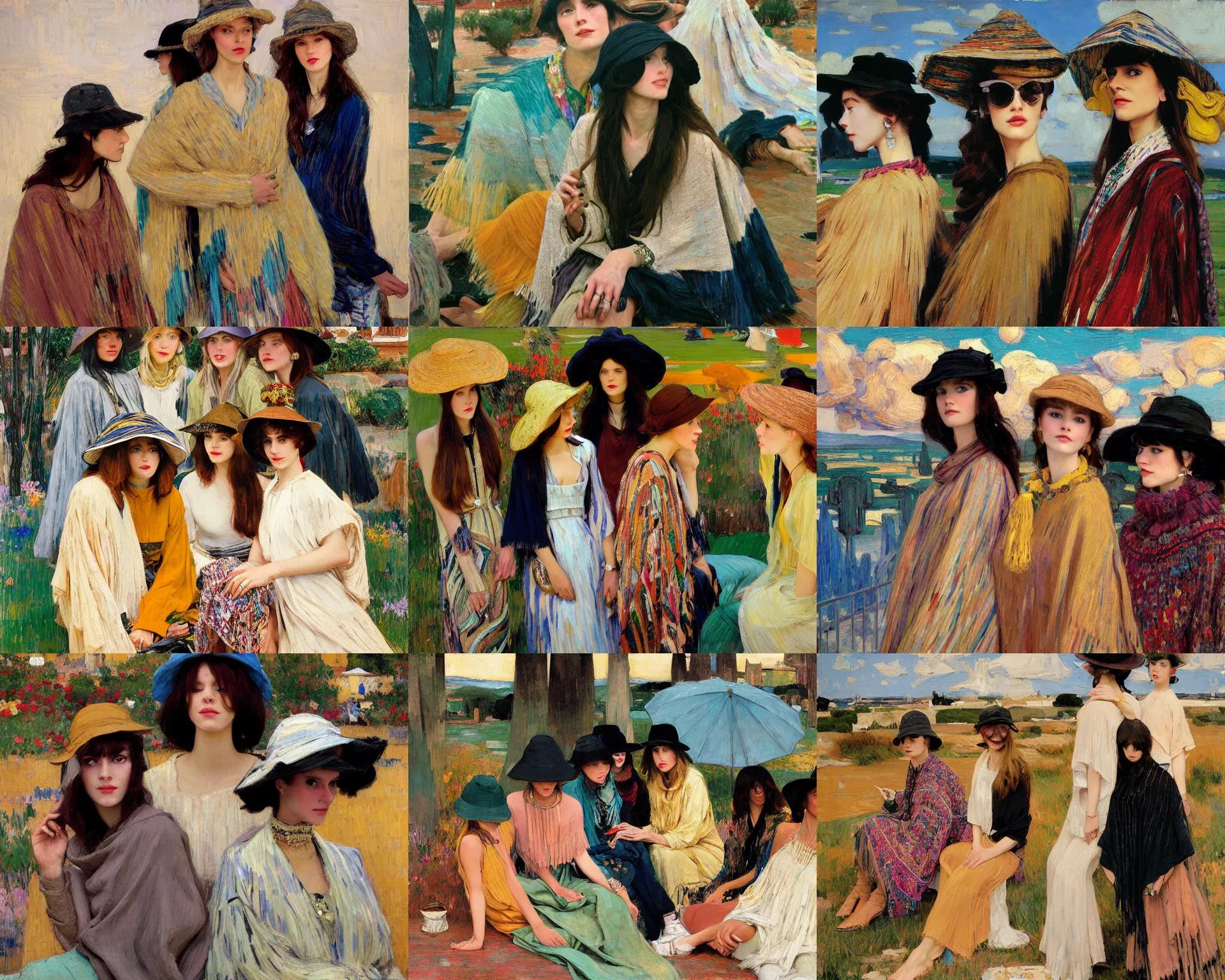 Image similar to portrait of group of fashionable young womans wearing rich jewerly hat and boho poncho, concrete hitech interior, 1970s fashion, sitting dynamic pose, Low poly, thunder clouds in the sky, artwork by Joaquin Sorolla and john william waterhouse and Denis Sarazhin and klimt and rhads and van gogh and Dean Ellis and Detmold Charles Maurice, levitation, industrial rusty pipes, simple form, brutal shapes