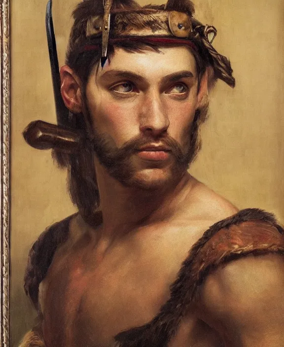 Prompt: portrait of a handsome young barbarian man, art by denys tsiperko and bogdan rezunenko and franz xaver kosler, hyperrealism