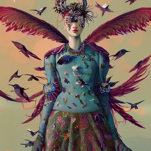 Image similar to pretty model with birds and feathers : : by martine johanna and simon stalenhag and chie yoshii and casey weldon and wlop : : ornate, dynamic, particulate, rich colors, intricate, elegant, highly detailed, vogue, harper's bazaar art, fashion magazine, smooth, sharp focus, 8 k, octane render