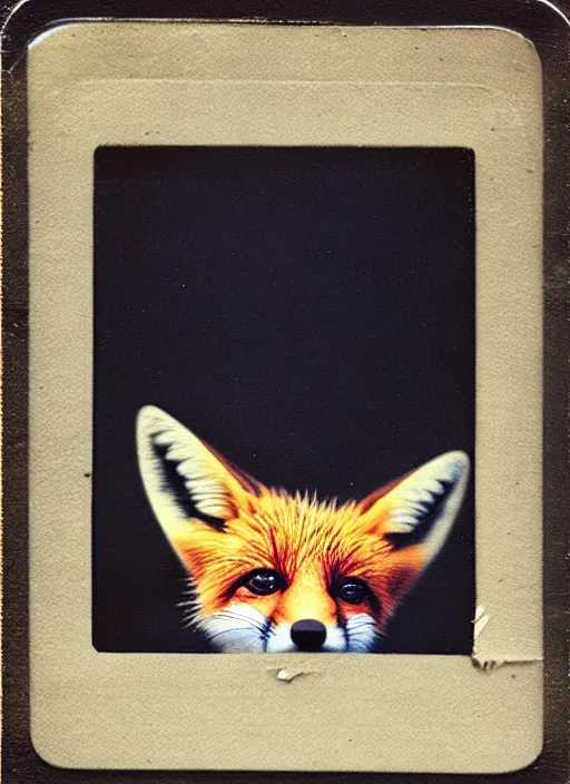 Image similar to faded polaroid photo of curious baby fox inside a cardboard box on a truck trailer