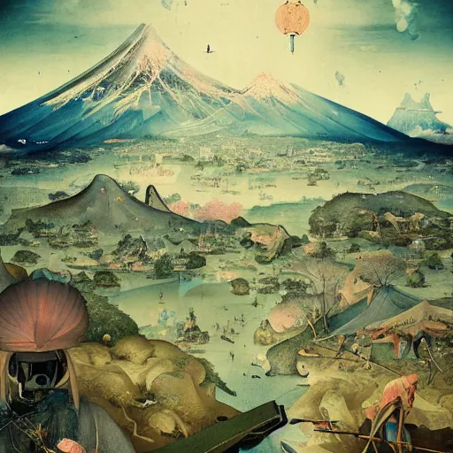 Prompt: Japanese Hills by Hieronymus Bosch and James Jean, Ross Tran, hypermaximalist, 8k, surreal oil painting, highly detailed, dream like, masterpiece