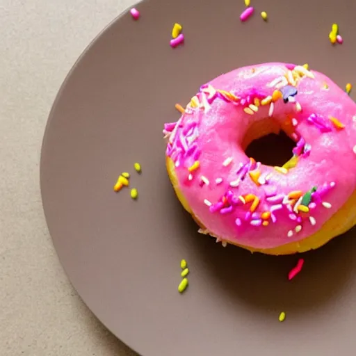 Prompt: a photo of a sushi doughnut with sprinkles and pink frosting