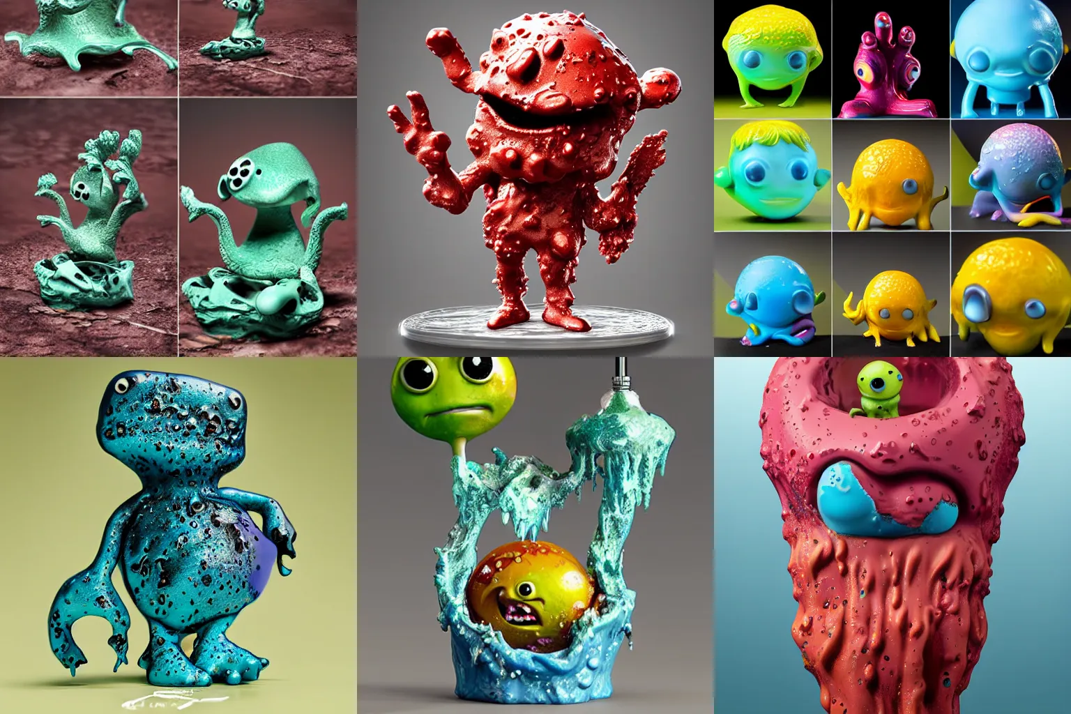 Prompt: splashy melted ebay product, drops, drips, beautiful cute, cute melting miniature resine action figure, High detail photography, 8K, 3d fractals, cute pictoplasma, one simple ceramic tintoy melting plastic, melting, melting swampmonster Figure sculpture, 3d primitives, in a Studio hollow, by pixar, by jonathan ive, cgsociety, simulation