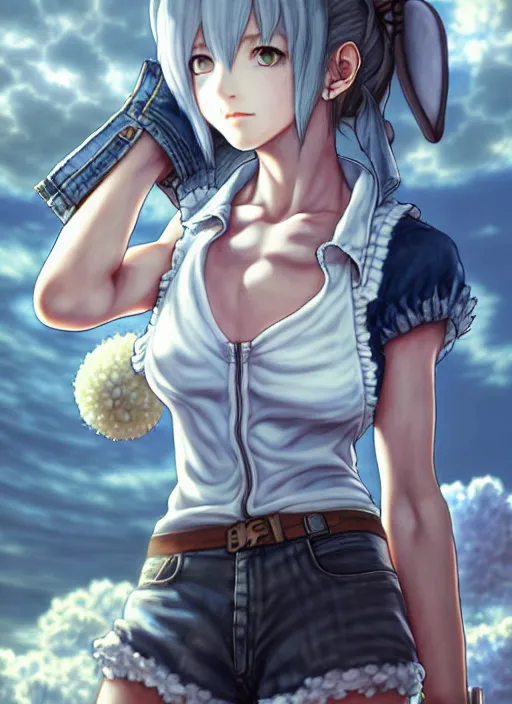 Image similar to a portrait of nekomimi wearing white vest, and denim shorts an ultrafine detailed painting, detailed painting, detailed eyes!!, final fantasy octopath traveler lovecraft cosmc horror