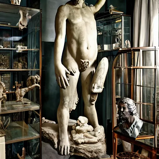 Prompt: architectural digest photo, inside a time traveler's treasure room, ancient greek sculptures, taxidermy giant standing alien bear shark creature, jesus christ in a small glass cage, ancient treasures, futuristic glowing technology, intricate beautiful shelving, mixture of ancient and futuristic