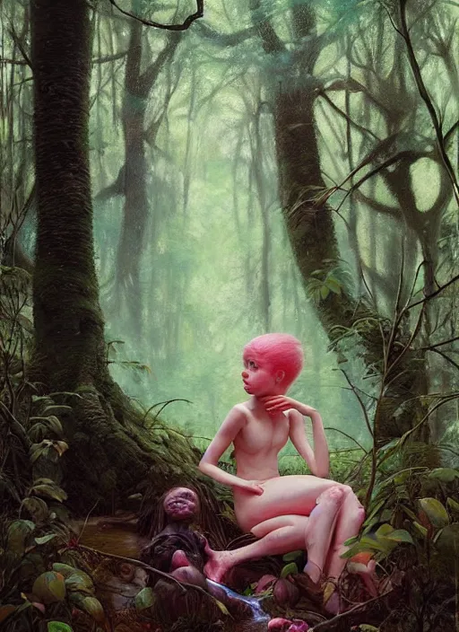 Image similar to bubblegum in the woods by a stream, river gorgeous lighting, lush forest foliage blue sky a hyper realistic painting by chiara bautista and beksinski and norman rockwell and greg rutkowski, tom bagshaw weta studio, and lucasfilm