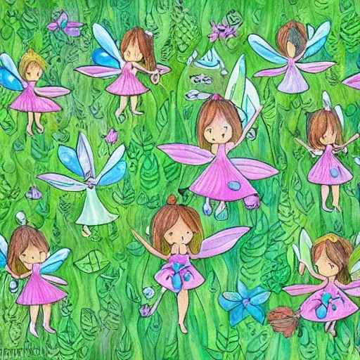 Image similar to tiny fairies playing hide and seek in a beautiful forest, green, colourful, playful, drawing