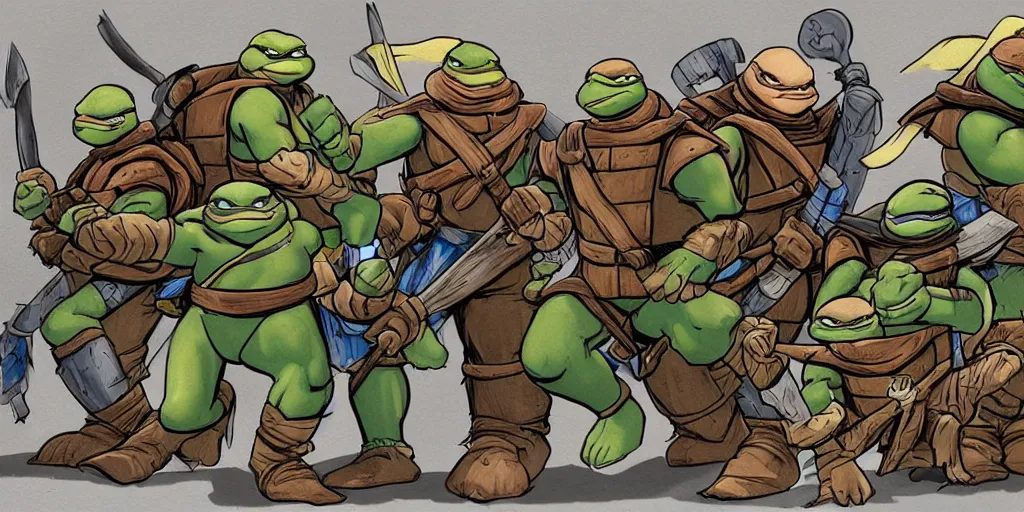 Image similar to medieval teenage mutant ninja turtles comics trending on artstation