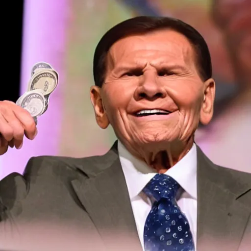 Prompt: kenneth copeland showering in money and coins while performing in church