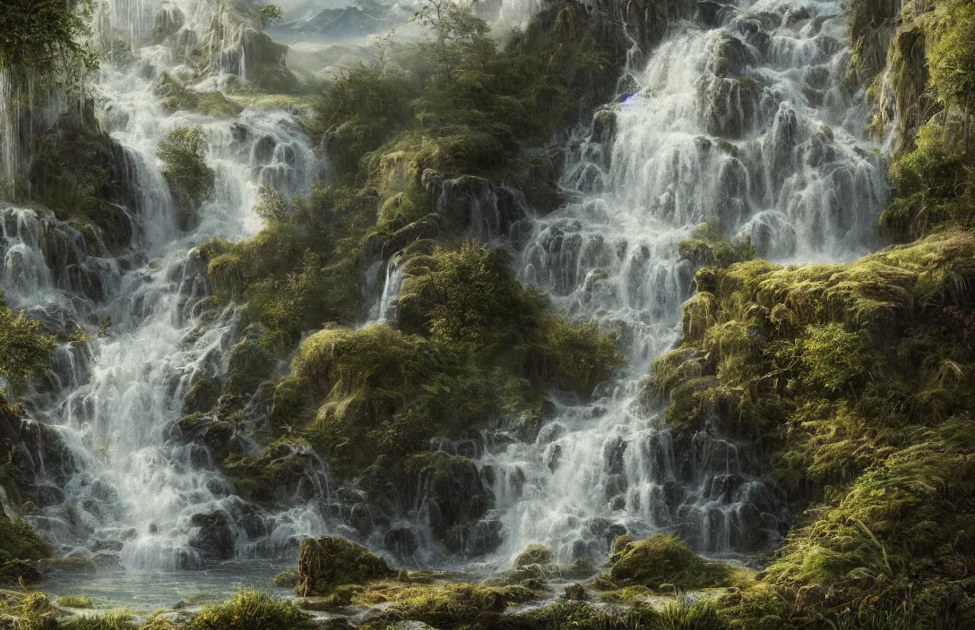 Image similar to a highly detailed textured waterfall within a swiss landscape, detailed, hyperreal phantastic, intricate details in environment, golden ratio, high aestehtic, cinematic light dramatic light, lightrays, distance, photobash, wideangle, terrence malick, hyperreal 4 k