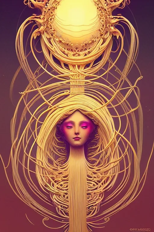 Image similar to beautiful flying spaghetti monster goddess, ethereal art deco, fantasy, intricate art deco pasta designs, elegant, highly detailed fractals, sharp focus, art by artgerm and beeple and greg rutkowski and wlop