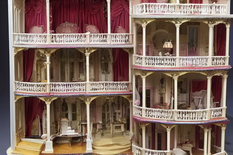 Prompt: photo of a huge theaterstage, stage is a 3 floor victorian dollhouse with many rooms, actors are in the rooms of the house, 8 k, multicolored, exaggerated detailed,