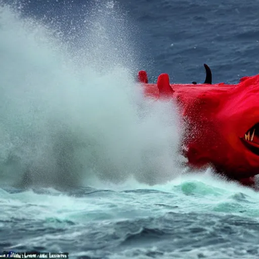 Image similar to a devilish red monster with horns emerging from boiling rough seas, photo by david lachapelle, s - 5 0