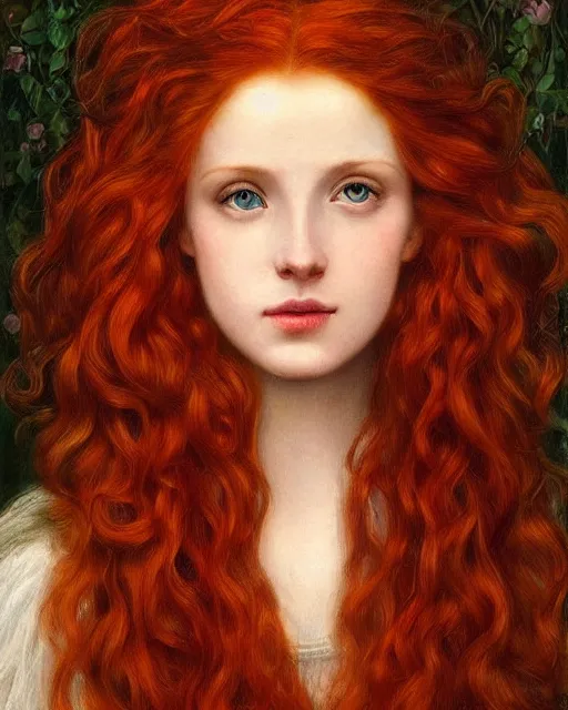 Image similar to a woman with long red hair and a flower in her hair, a photorealistic painting by Carla Wyzgala, pinterest, pre-raphaelitism, pre-raphaelite, enchanting, chiaroscuro