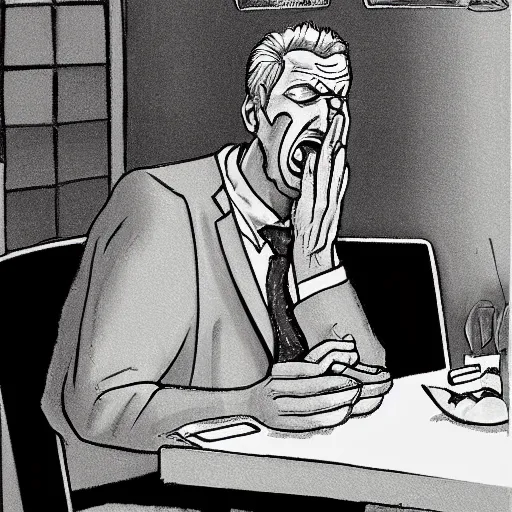 Prompt: a tall man crying at an all you can eat buffet, high detail, hyper realism
