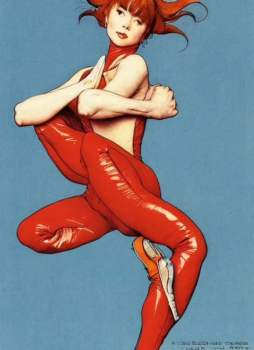 Image similar to an art nouveau copic maker illustration of asuka langley doing yoga by norman rockwell and john berkey