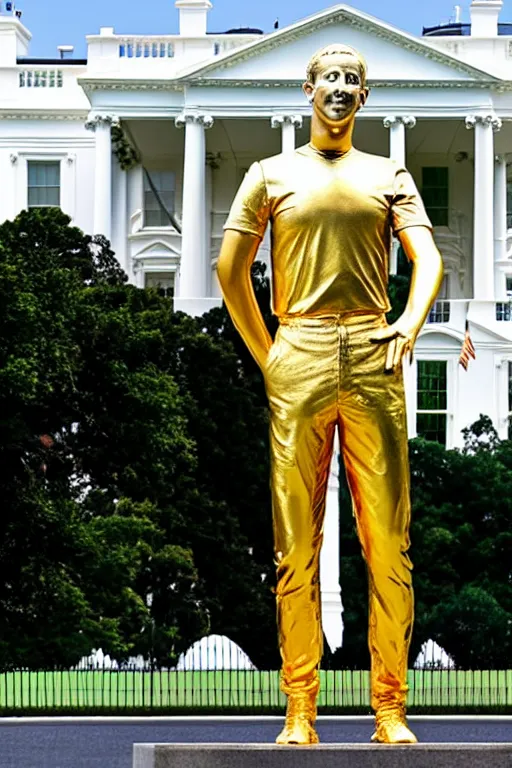 Image similar to A beautiful gold statue of Mark Zuckerberg in front of the White House, photo by Steve McCurry, heroic pose, detailed, smooth, smiling, professional photographer