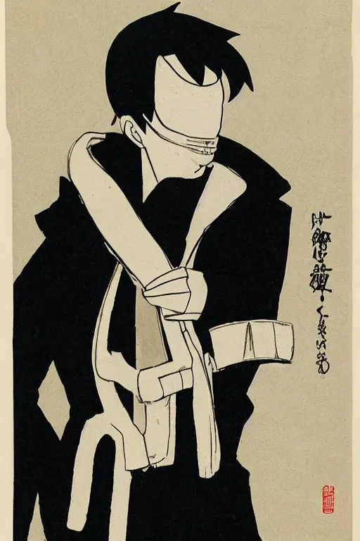 Image similar to portrait of young man wearing black medical mask, style of osamu tezuka