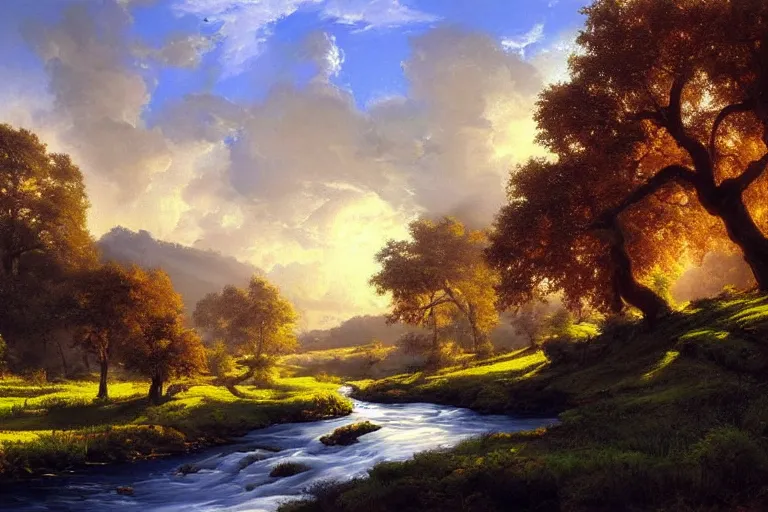 Image similar to masterpiece painting of oak trees on a hillside overlooking a creek, dramatic lighting, by tyler edlin