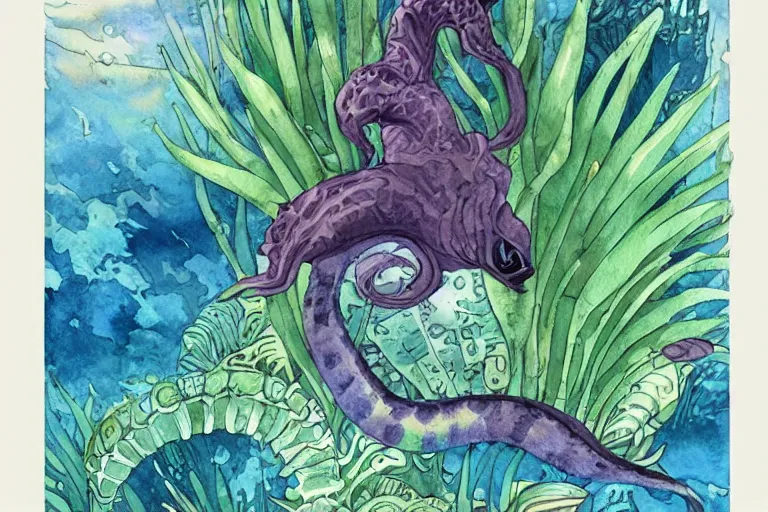 Image similar to watercolor artwork of exotic, elegant underwater tropical prints of the creatures of atlantis : : green, art nouveau, trending on artstation