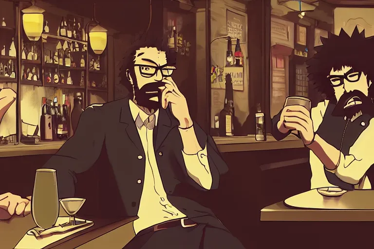 Prompt: A short bald man with a beard and dark rimmed reading glasses. Sittimg at a bar with a drink, cowboy bebop anime style, digital art, 8k, UHD