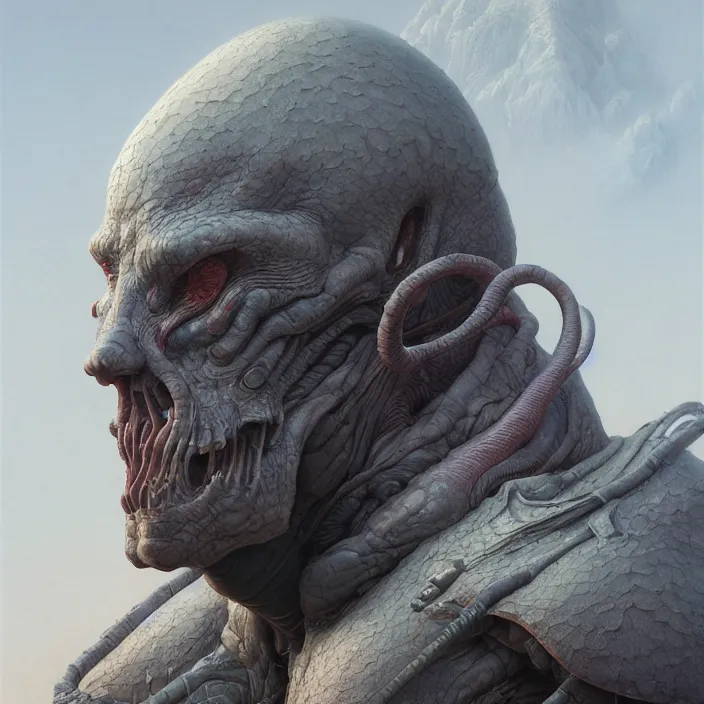 Image similar to a portrait of a character in a scenic environment by wayne barlowe, dreamy hazy, biological armor, highly detailed, 3 d render, vray, octane, realistic lighting