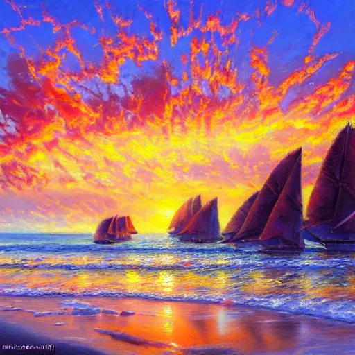 Image similar to acrylic painting, impressionism and expressionism, strong emotional impact, bold pastel colors, expressive brushstrokes. by peter mohrbach and mark keathley. fantasy illustration of the shore of the island of monuments and statues. spectacular sunset. beautiful and vivid trending on artstation hq 8 k contest winner # wow