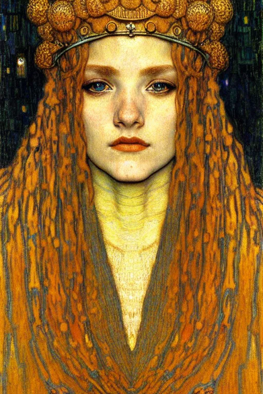 Image similar to detailed realistic beautiful young medieval queen face portrait by jean delville, gustav klimt and vincent van gogh, art nouveau, symbolist, visionary, gothic, pre - raphaelite, muted earthy colors, desaturated