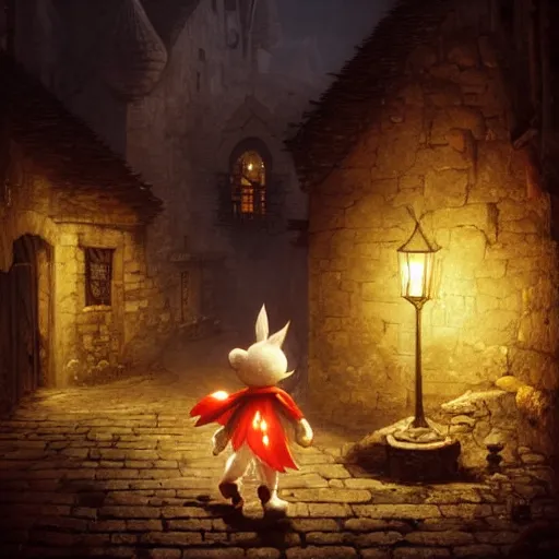 Prompt: A Moogle from Final Fantasy video game sneaking through the streets of a medieval village at night, glowing lights, oil painting, Greg Rutkowski, Charlie Bowater, Beeple, unreal 5, DAZ, hyperrealistic, octane render, RPG portrait, dynamic lighting, fantasy art, beautiful face