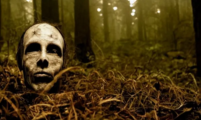 Image similar to corpse face looking at camera in forest at night, 70s photo, out of focus, motion blur, cctv footage, horror movie, horror lighting, blair witch project, old photo