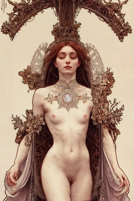 Image similar to a full body portrait of a beautiful ethereal delicate roman mage queen meditative sacral pose catholic stages of the cross, intricate, elegant, highly detailed, digital painting, artstation, concept art, smooth, sharp focus, illustration, art by krenz cushart and artem demura and alphonse mucha