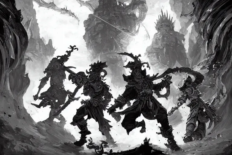 Image similar to black and white point perspective dungeon cozy fantasy dungeon clean battle mages are fighting a group of fire trapmasters,by artgerm and Craig Mullins, James Jean, Andrey Ryabovichev, Mark Simonetti and Peter Morbacher 16k