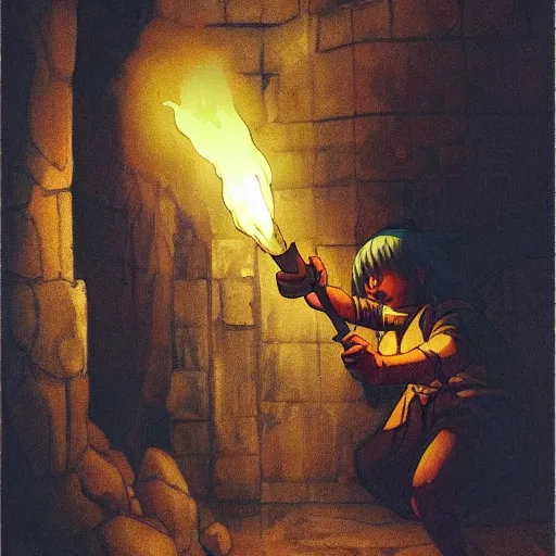 Prompt: an adventurer lights a torch in the depths of a dark dungeon, dramatic lighting, fluid, smooth, bright, colours, high contrast, sharpness, very detailed, intricate, by studio ghibli, mucha and studio disney and caravaggio