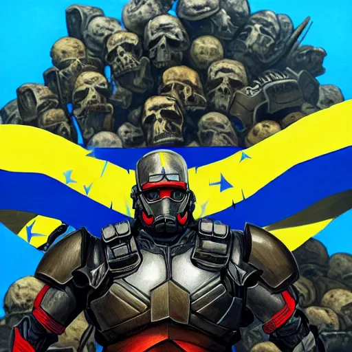 Image similar to a full body shot from distance from behind of a super soldier with a yellow and blue flag standing on a huge pile of skulls in triumph after battle, western, D&D, fantasy, intricate, elegant, highly detailed, digital painting, artstation, concept art, matte, sharp focus, symmetrical, illustration, art by Artgerm and Greg Rutkowski and Alphonse Mucha