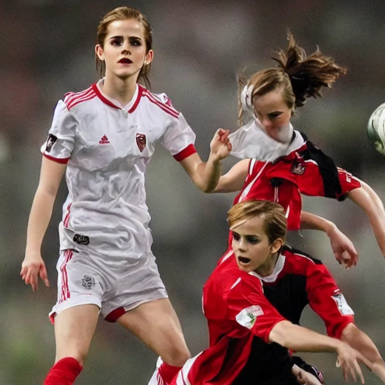 Image similar to emma watson as lokomotiv football player, hyper realistic, highly detailed