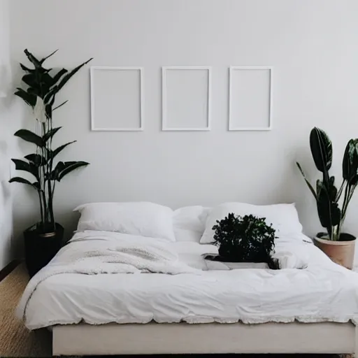 Prompt: centered minimalist clean spacious empty bright mockup photo of a large blank frame on floor with thin light wooden frame moulding, white background wall, light boho carpet, white furniture, white minimalist lamps, white pillows, trending on pinterest