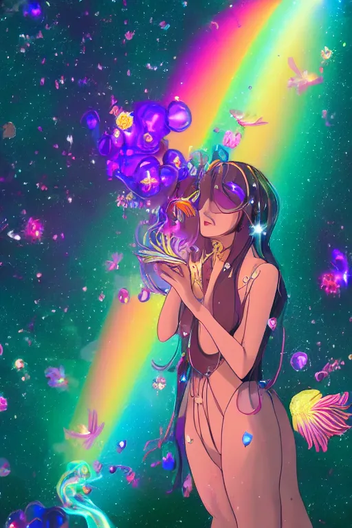 Image similar to psychedelic, whimsical, anime, 4k, beautiful intimate woman blowing smoke, with professional makeup, long trippy hair, a crystal and flower dress, sitting in a reflective pool, surrounded by gems, underneath the stars, rainbow fireflies, trending on patreon, deviantart, twitter, artstation, volumetric lighting, heavy contrast, art style of Ross Tran and Ilya Kuvshinov