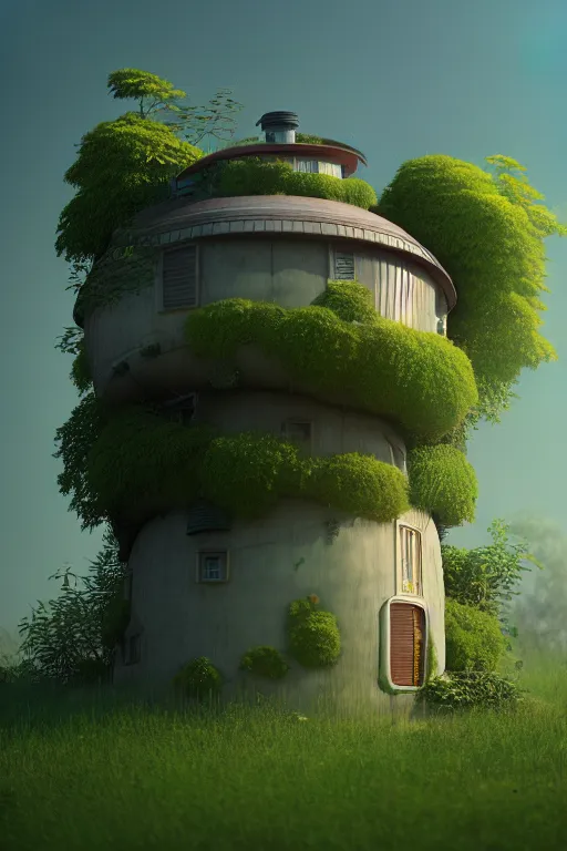 Prompt: cylindrical house, solarpunk, studio ghibli, jean - baptiste monge, octane render, 4 k, overgrown