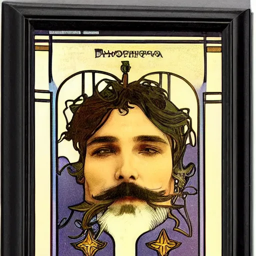 Prompt: a close up man with small mustache and small beard by louis - theophile hingre and alphonse mucha, realistic, sharp focus, zodiac signs, tarot cards, planets, ethereal, art nouveau, magic, moon, sun, crown, dreamy, royal, jewellery