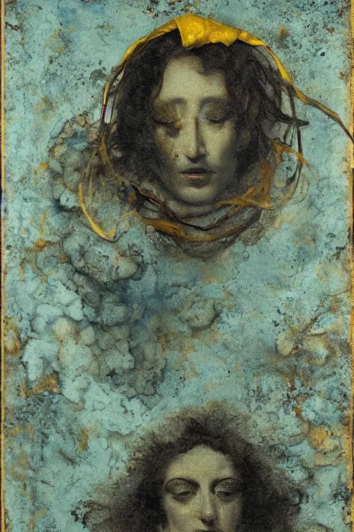 Image similar to the face of wisdom by roberto ferri, by Godward, by austin osman spare, blue and yellow lighting, intrincate details, non euclidian composition, ornatements flourishing, decaying flowers background texture, unnerving atmosphere