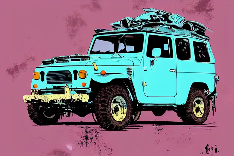 Image similar to digital illustration of a faded cyan mad max's fj 4 0 decrepit!!!! pursuit special, rusty!!! nissan fj cruiser heavily modded 1 9 9 0 s, the last v 8 interceptor by makoto shinkai, ilya kuvshinov, lois van baarle, rossdraws, basquiat