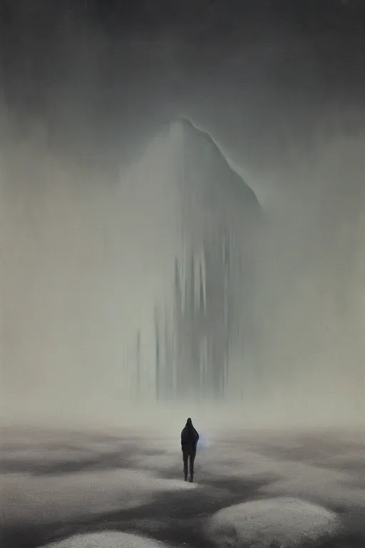 Image similar to a painting of a person standing in the snow, a surrealist painting by zdzisław beksinski and by alena aenami, deviantart, nuclear art, dystopian art, apocalypse landscape, surrealist