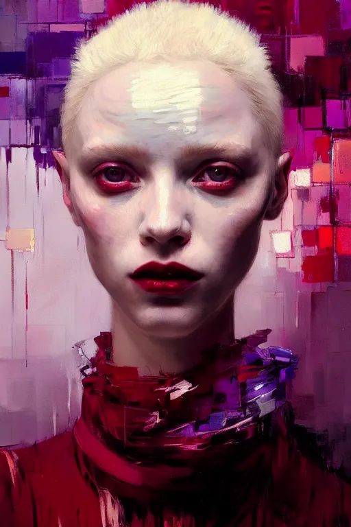 Image similar to portrait of a beautiful albino girl, shades of red and purple, beautiful face, rule of thirds, intricate outfit, spotlight, by greg rutkowski, by jeremy mann, by francoise nielly, by van gogh, digital painting