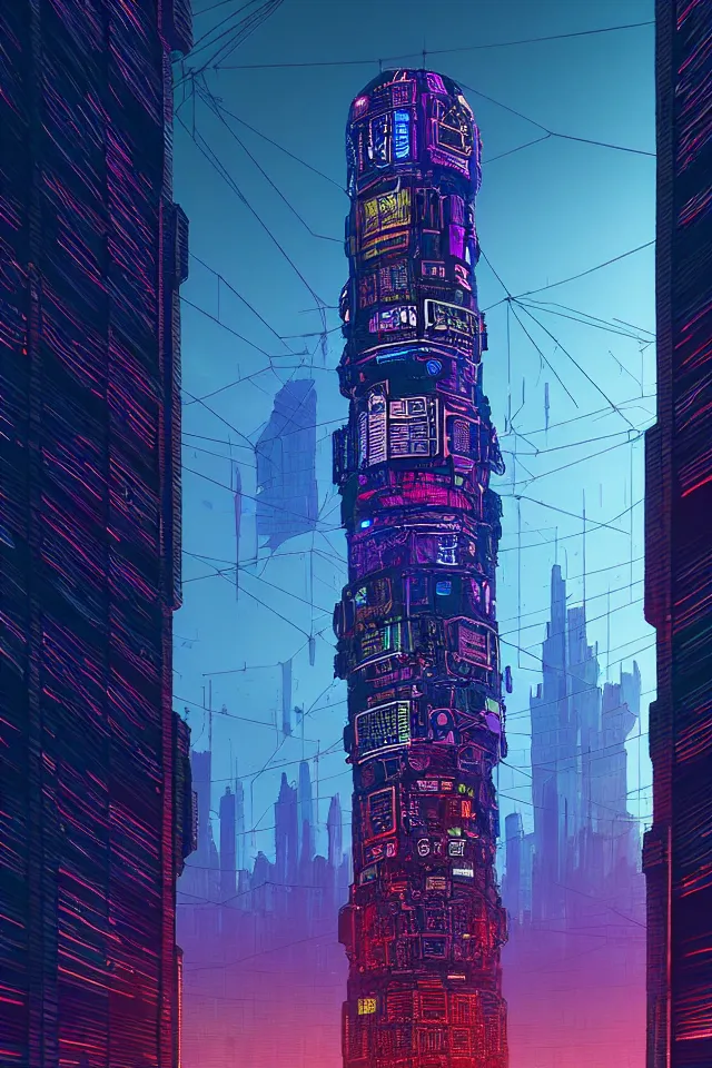 Prompt: cyberpunk tower made out of billions of stacked computer screens by simon stalenhag and dan mumford, mass effect fantasy, cinematic lighting