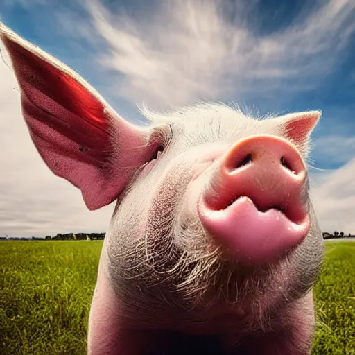 Image similar to happy pig in sky, epic hd award - winning professional selfie portrait 8 k